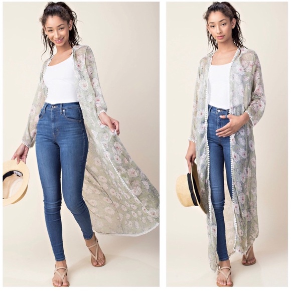 Sweaters - Sage boho longline floral print cardigan